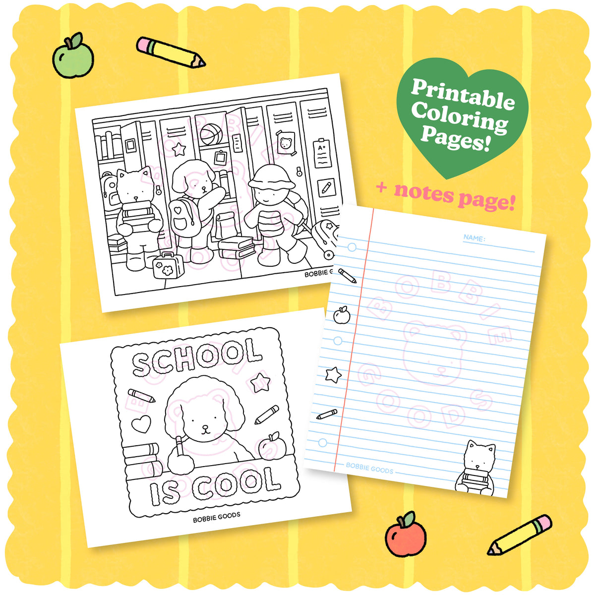 Kibakids - Digital Download • School is Cool Coloring Pages + Notes Page