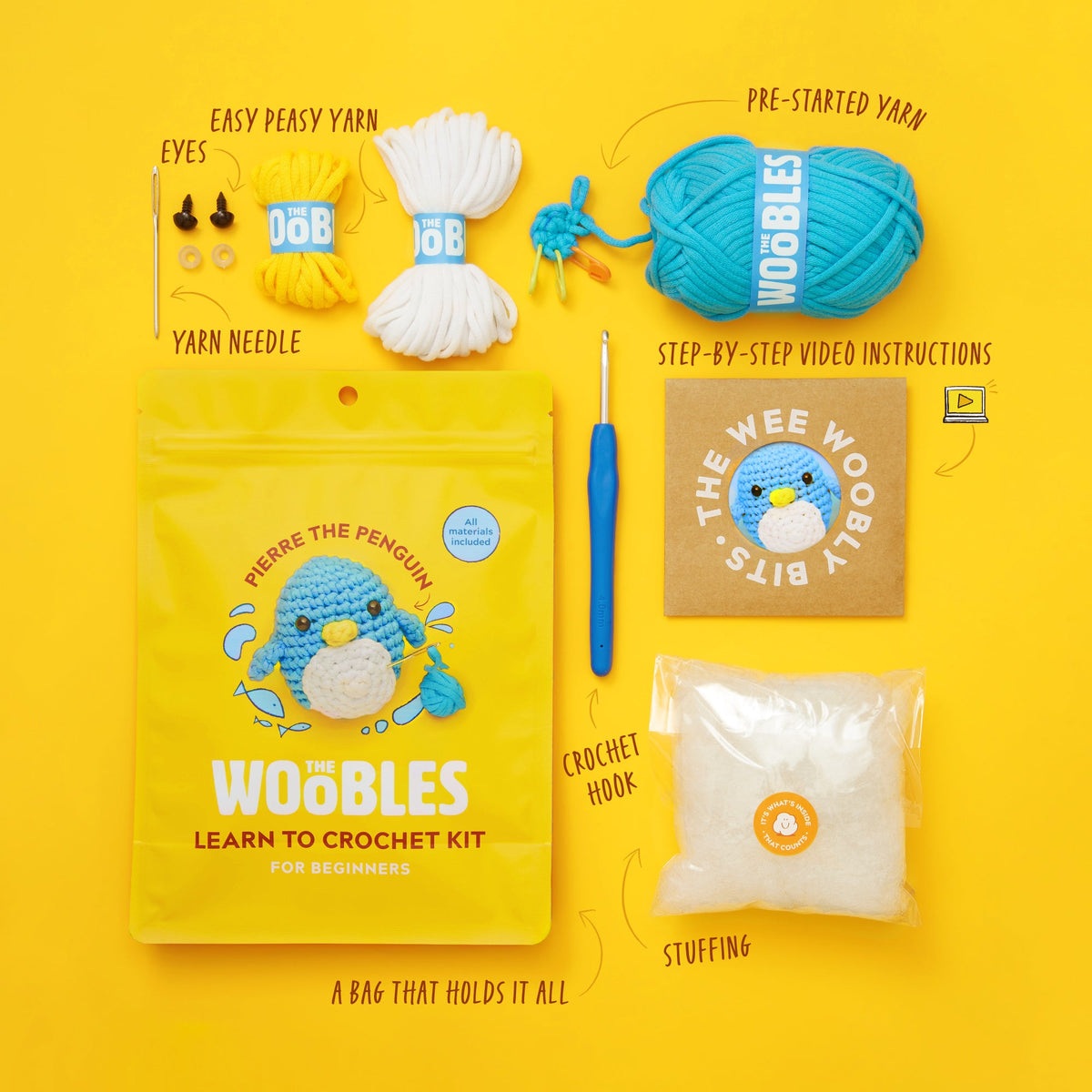 Kibakids - Pierre the Penguin Crochet Kit with Free Charm Bracelet Kit